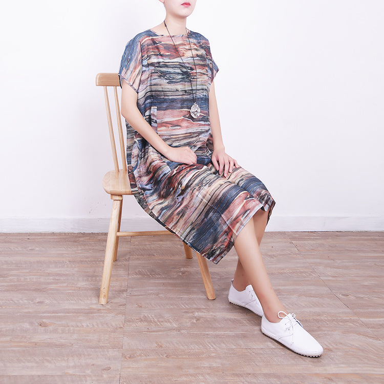 New prints natural blended dress plus size clothing o neck blended maxi dress boutique short sleeve blended caftans