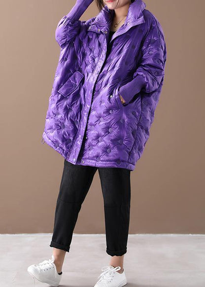 New purple duck down coat plus size down jacket winter coats stand collar zippered - SooLinen