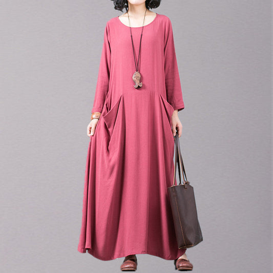 New red 2018 fall dress oversized O neck pockets traveling clothing boutique long sleeve kaftans