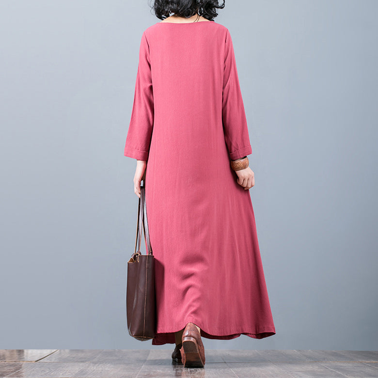 New red 2018 fall dress oversized O neck pockets traveling clothing boutique long sleeve kaftans