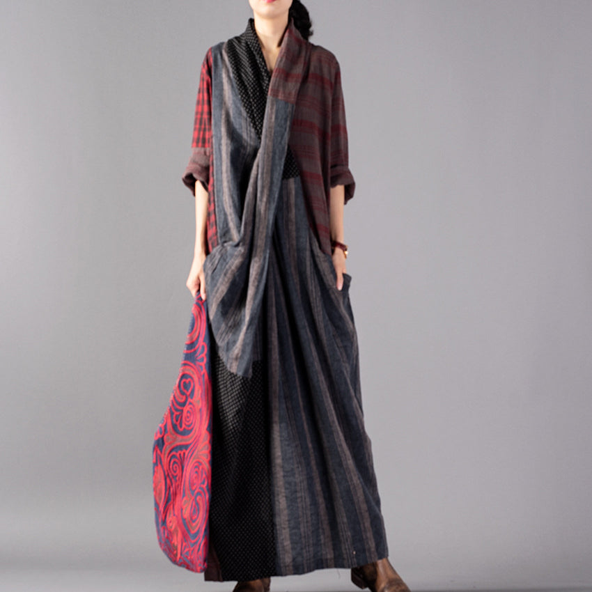 New red Plaid oversize v neck patchwork linen clothing dress women pockets asymmetrical design caftans