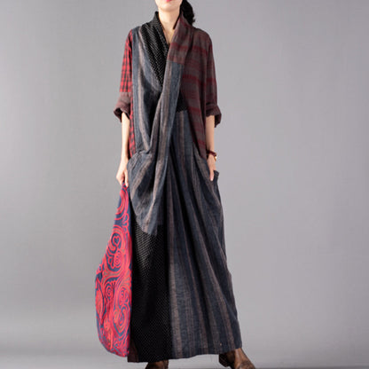 New red Plaid oversize v neck patchwork linen clothing dress women pockets asymmetrical design caftans
