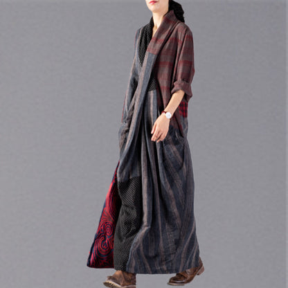 New red Plaid oversize v neck patchwork linen clothing dress women pockets asymmetrical design caftans