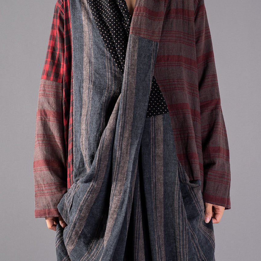 New red Plaid oversize v neck patchwork linen clothing dress women pockets asymmetrical design caftans