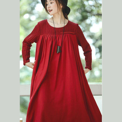New red plus size clothing O neck embroidery caftans boutique long sleeve large hem dresses