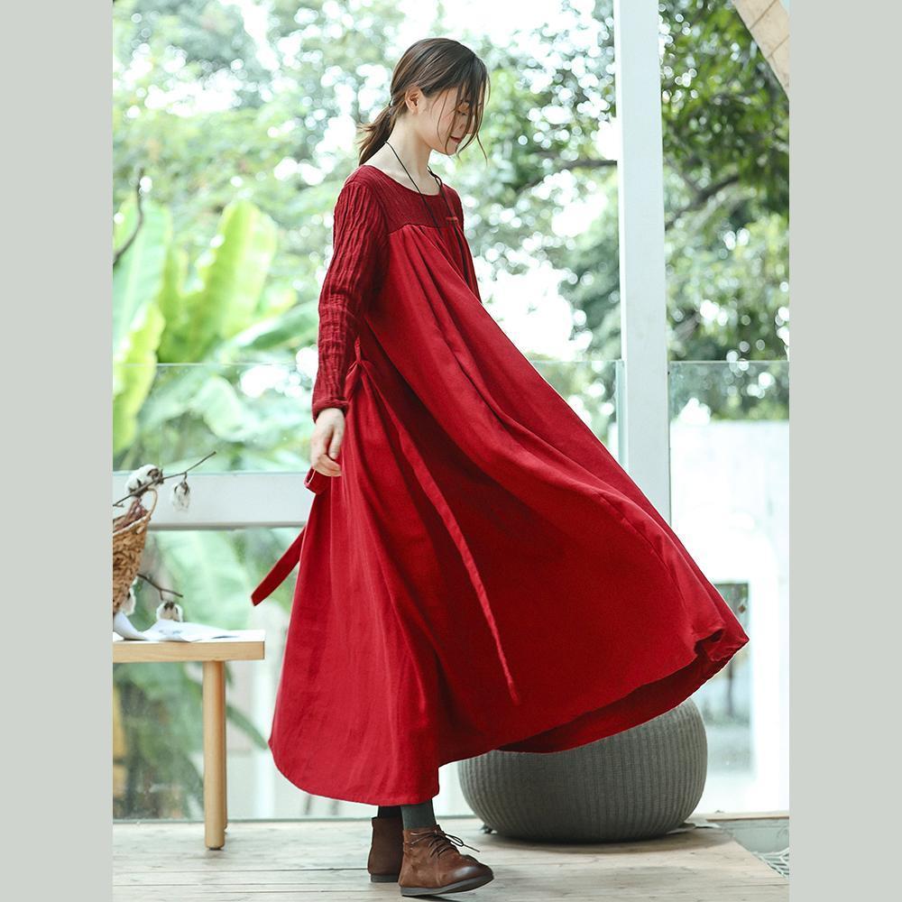 New red plus size clothing O neck embroidery caftans boutique long sleeve large hem dresses