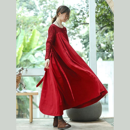 New red plus size clothing O neck embroidery caftans boutique long sleeve large hem dresses