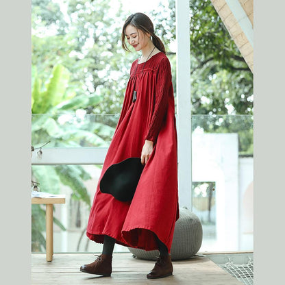 New red plus size clothing O neck embroidery caftans boutique long sleeve large hem dresses