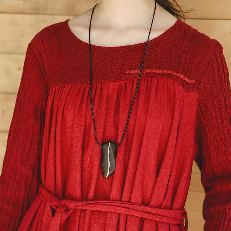 New red plus size clothing O neck embroidery caftans boutique long sleeve large hem dresses