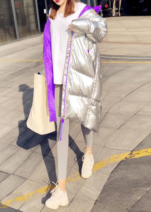 New silver patchwork purple down jacket woman Loose fitting snow jackets hooded zippered Casual Jackets - SooLinen