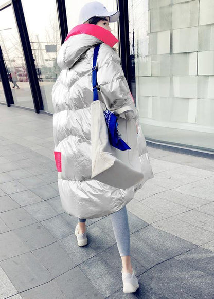 New silver patchwork purple down jacket woman Loose fitting snow jackets hooded zippered Casual Jackets - SooLinen