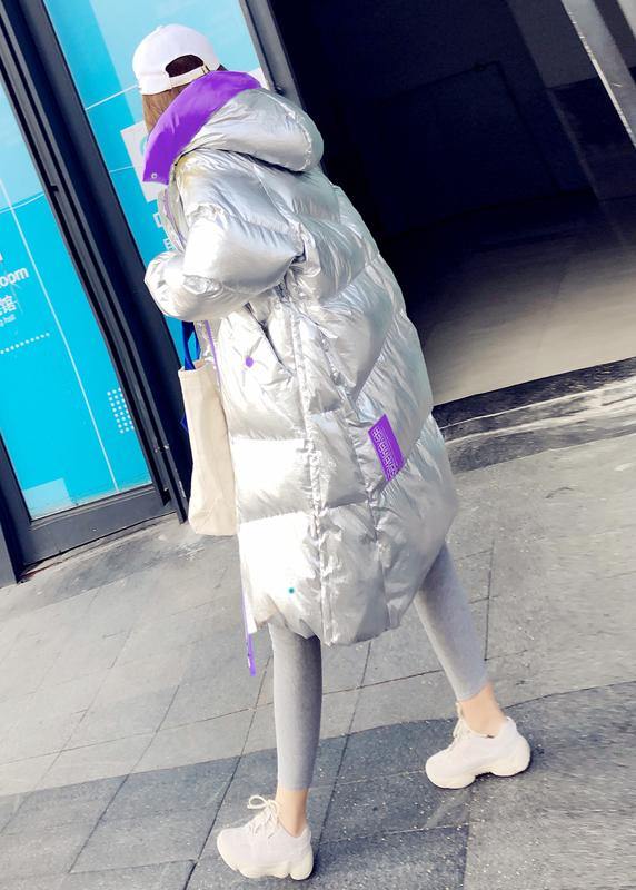 New silver patchwork purple down jacket woman Loose fitting snow jackets hooded zippered Casual Jackets - SooLinen