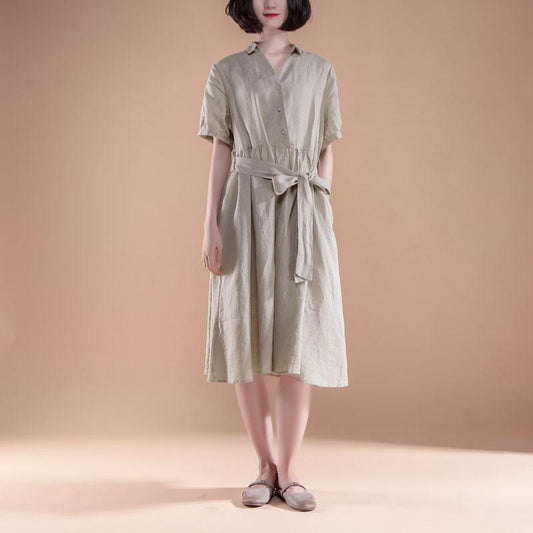 New summer dresses Loose fitting Short Sleeve Pleated Belt Summer Casual Beige Dress