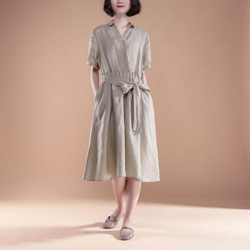New summer dresses Loose fitting Short Sleeve Pleated Belt Summer Casual Beige Dress