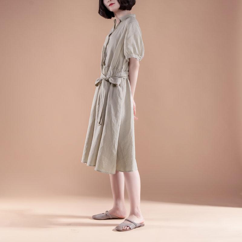 New summer dresses Loose fitting Short Sleeve Pleated Belt Summer Casual Beige Dress