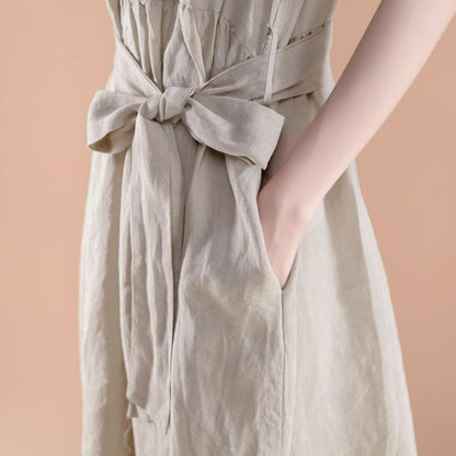 New summer dresses Loose fitting Short Sleeve Pleated Belt Summer Casual Beige Dress