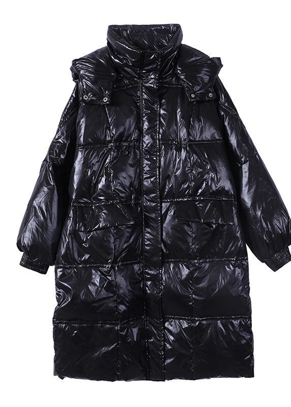 New trendy plus size womens parka coats black hooded pockets zippered down coats - SooLinen