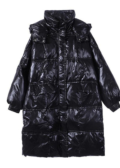 New trendy plus size womens parka coats black hooded pockets zippered down coats - SooLinen