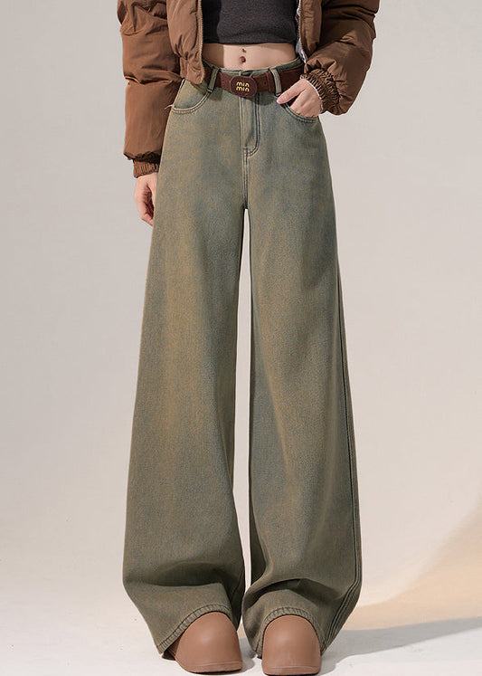 Nostalgic Blue Pockets Warm Fleece Denim Wide Leg Pants High Waist
