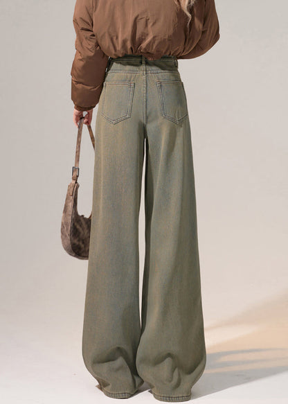 Nostalgic Blue Pockets Warm Fleece Denim Wide Leg Pants High Waist