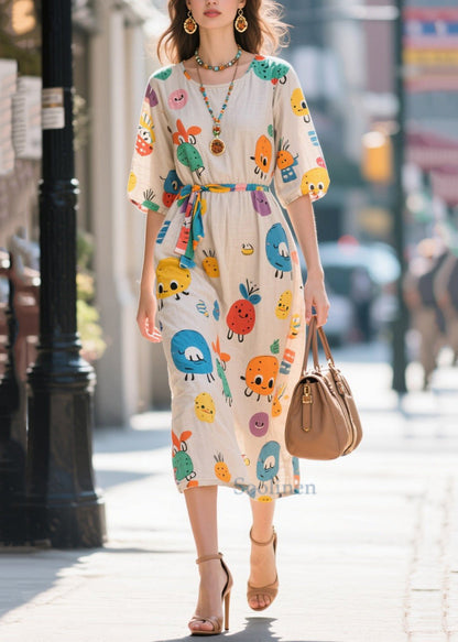 Novelty Apricot Cartoon Print Cotton Dresses Summer