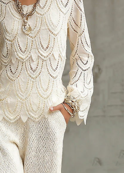 Novelty Beige Hollow Out Solid Lace Tops Spring