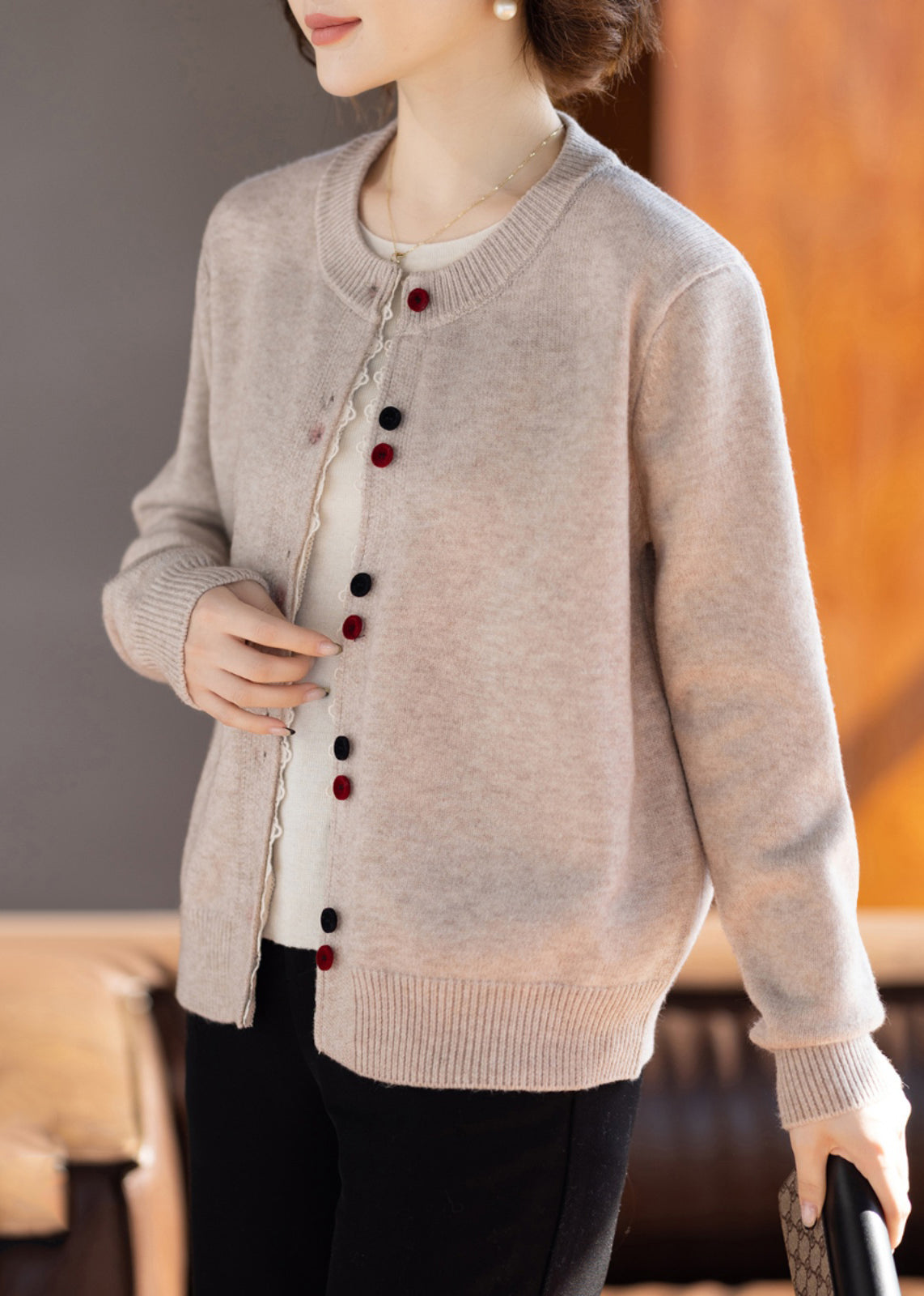 Novelty Beige O-Neck Patchwork Cotton Knit Cardigans Fall