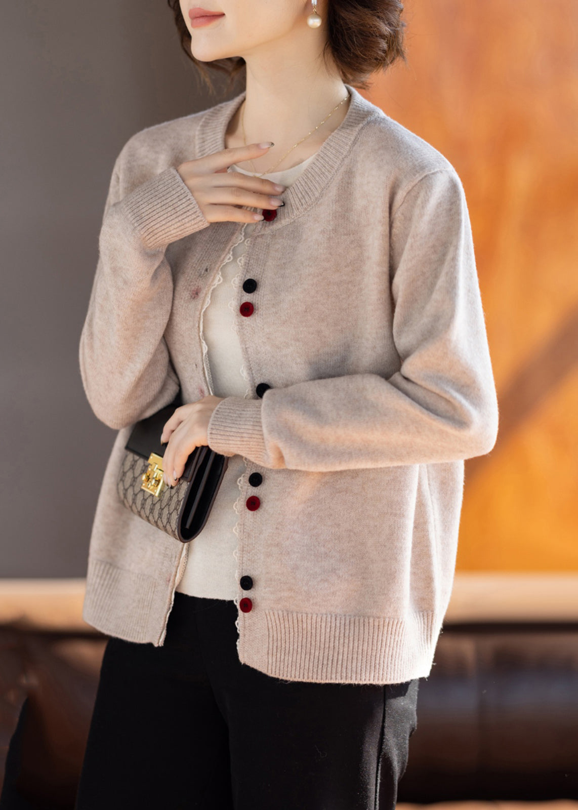 Novelty Beige O-Neck Patchwork Cotton Knit Cardigans Fall