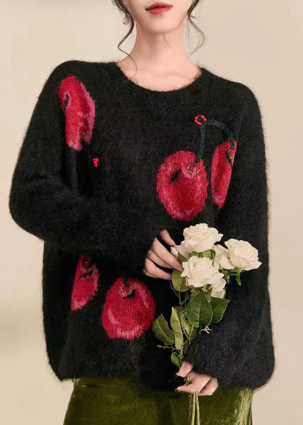 Novelty Black O-Neck Print Cozy Cotton Knit Sweaters Spring