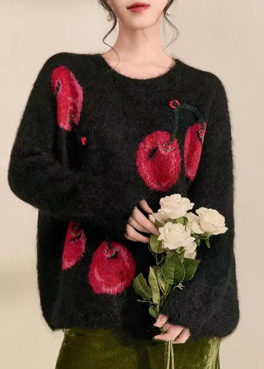 Novelty Black O-Neck Print Cozy Cotton Knit Sweaters Spring