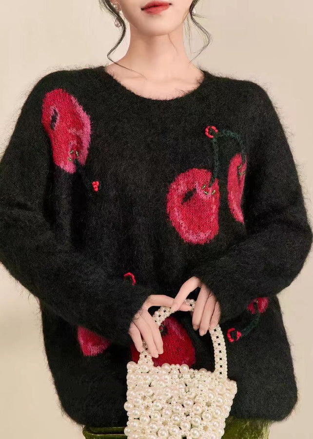 Novelty Black O-Neck Print Cozy Cotton Knit Sweaters Spring