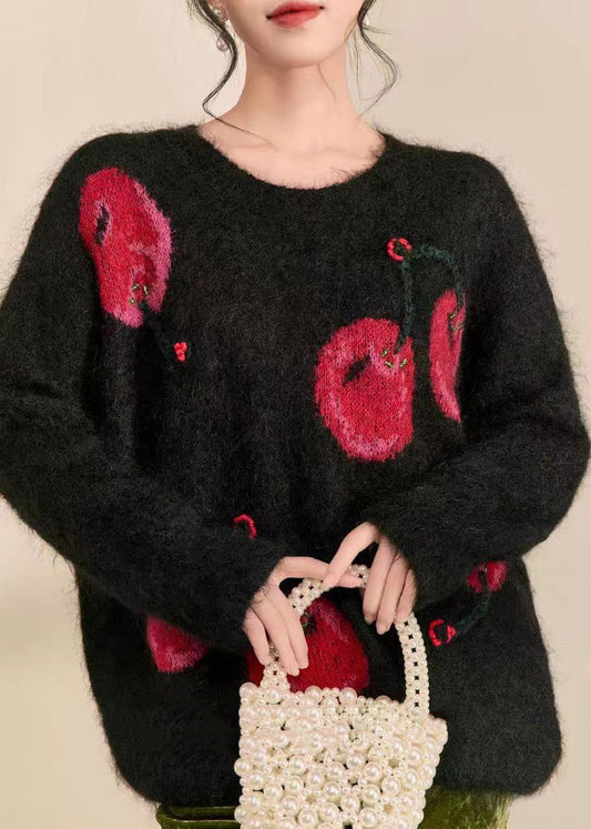 Novelty Black O-Neck Print Cozy Cotton Knit Sweaters Spring