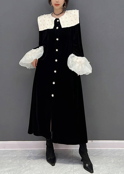 Novelty Black Peter Pan Collar Patchwork Nail Bead Button Velour Maxi Dress Fall