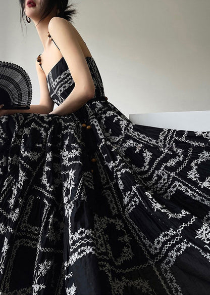 Novelty Black Print Tie Waist Cotton Spaghetti Strap Dress Sleeveless