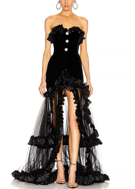 Novelty Black Ruffled Patchwork Tulle Party Dress Sleeveless