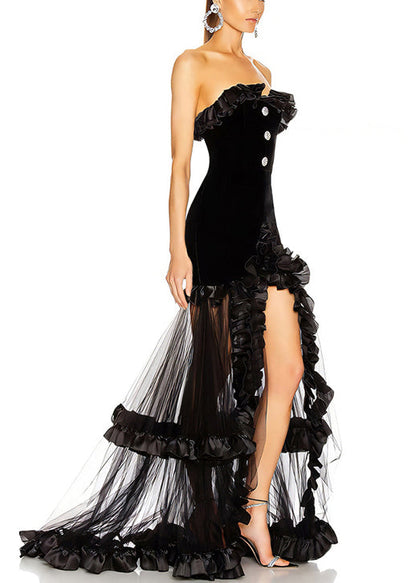 Novelty Black Ruffled Patchwork Tulle Party Dress Sleeveless