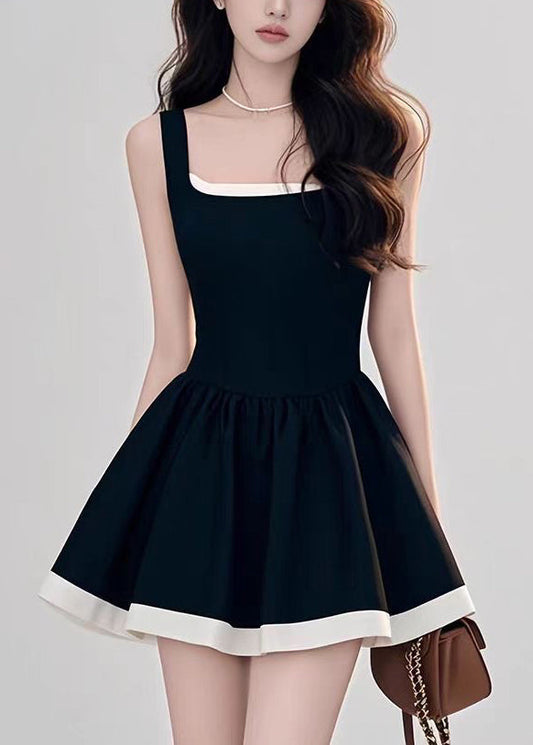 Novelty Black Square Collar Mid Spaghetti Strap Dress Summer