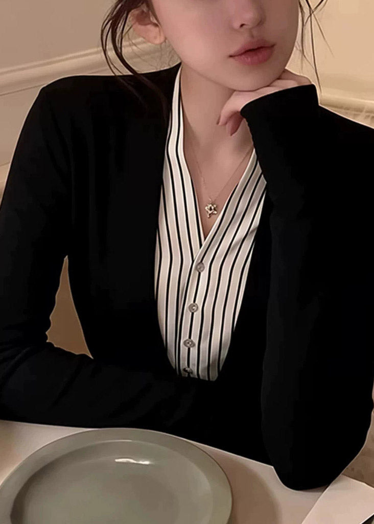 Novelty Black V Neck Patchwork Fake Two-Piece Shirt Fall
