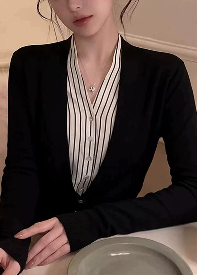 Novelty Black V Neck Patchwork Fake Two-Piece Shirt Fall