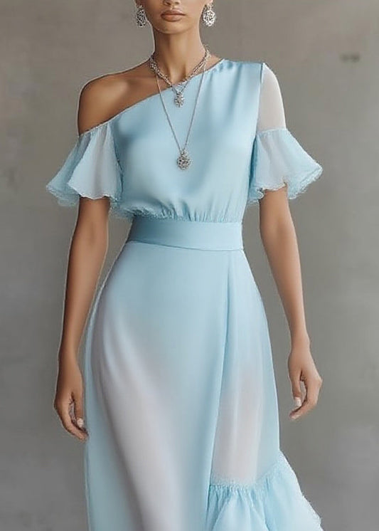 Novelty Blue Asymmetrical Patchwork Solid Chiffon Maxi Dress Butterfly Sleeve