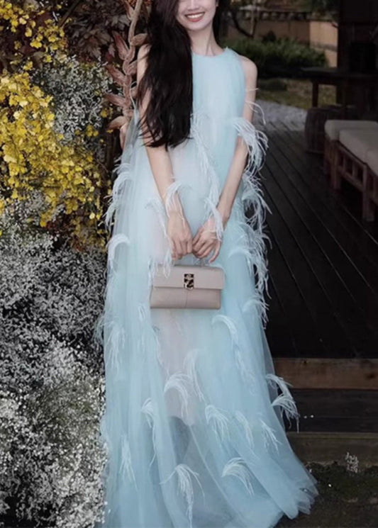 Novelty Blue Feather Patchwork Chiffon Robe Dresses Sleeveless
