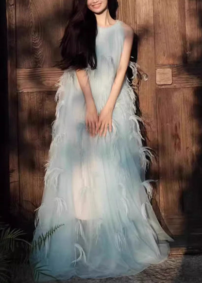 Novelty Blue Feather Patchwork Chiffon Robe Dresses Sleeveless