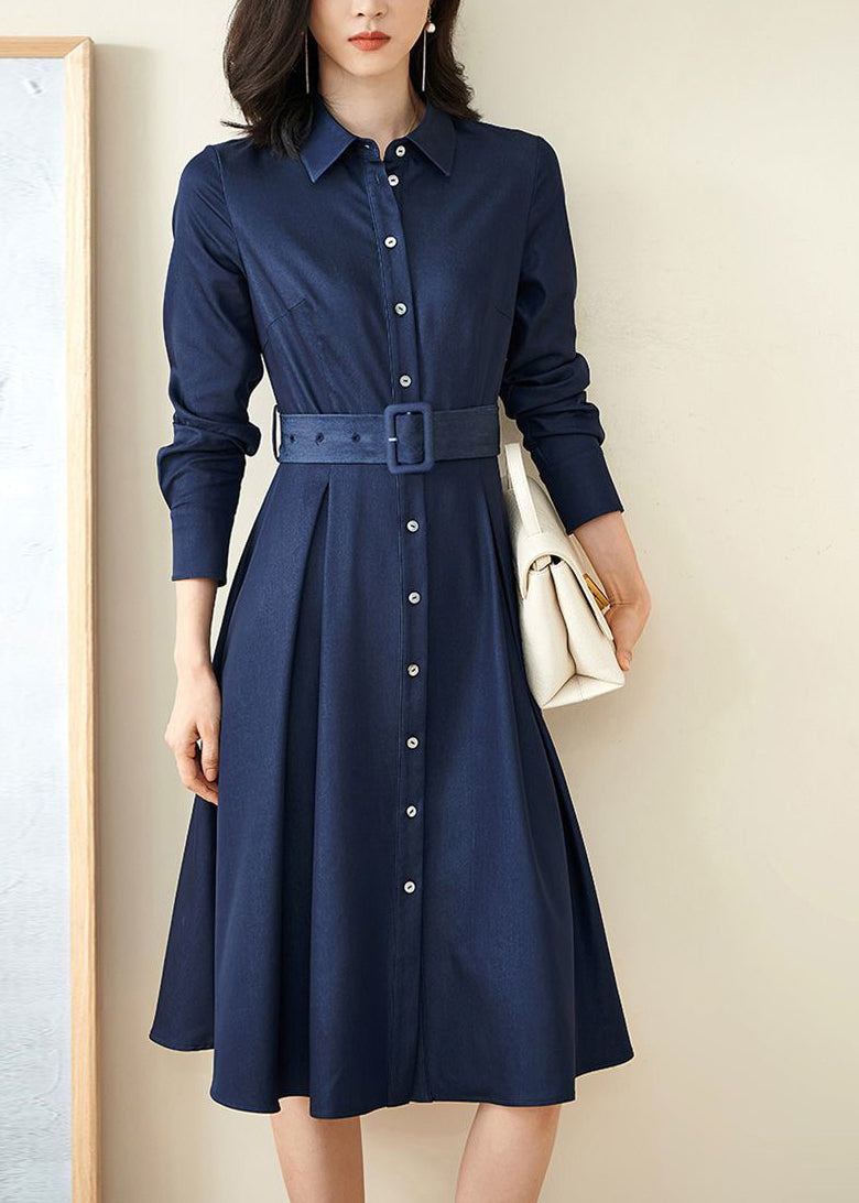 Novelty Blue Peter Pan Collar Button Sashes Maxi Dress Lantern Sleeve