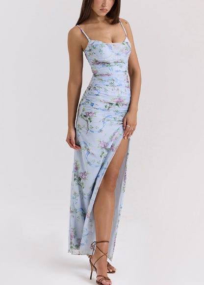 Novelty Blue Print Side Open Tulle Spaghetti Strap Dress Sleeveless