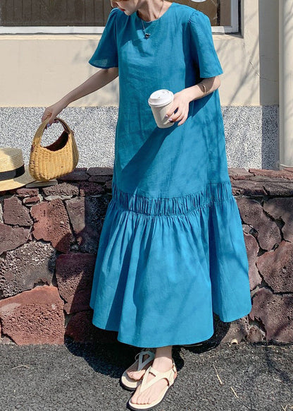 Novelty Blue Ruffled Patchwork Hollow Out Solid Long Dress Summer