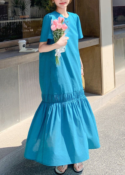 Novelty Blue Ruffled Patchwork Hollow Out Solid Long Dress Summer