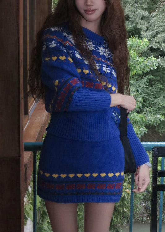 Novelty Blue Slash Neck Print Cotton Knit Sweater And Skirts Two Pieces Set Spring