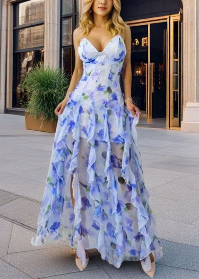 Novelty Blue V Neck Print Backless Chiffon Spaghetti Strap Dress Sleeveless