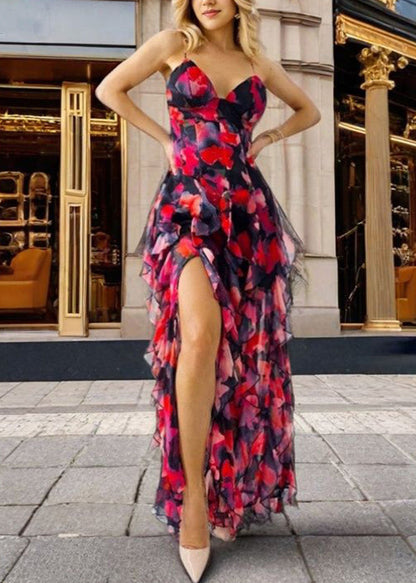 Novelty Blue V Neck Print Backless Chiffon Spaghetti Strap Dress Sleeveless