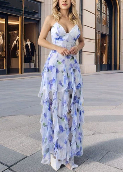 Novelty Blue V Neck Print Backless Chiffon Spaghetti Strap Dress Sleeveless
